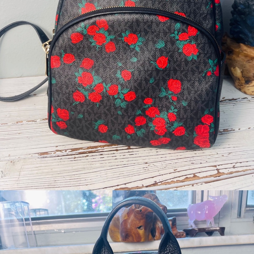 Michael Kors Black Backpack with Red Floral Design